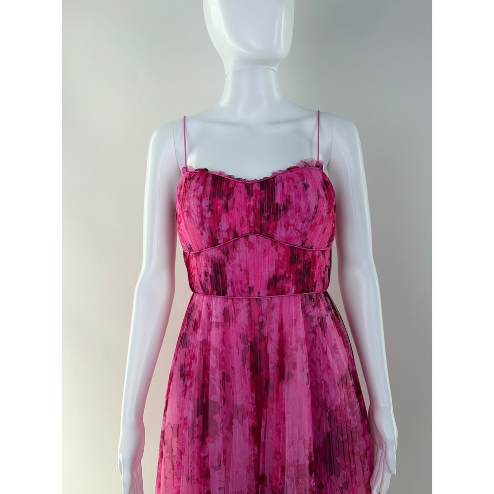 ML Monique Lhuillier Pink Floral Pleated Strapless Midi Dress Size 2 - Picture 7 of 11